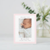Pink and white Gingham Girl Birth Announcement Briefkaart (Staand voorkant)