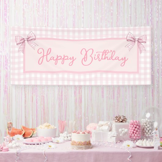 Pink and White Gingham Happy Birthday Spandoek (Feest)