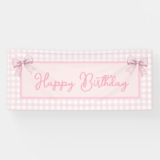 Pink and White Gingham Happy Birthday Spandoek (Horizontaal)