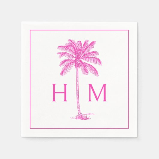 Pink and White Palm Palmetto Tree Monogram Servet (Voorkant)