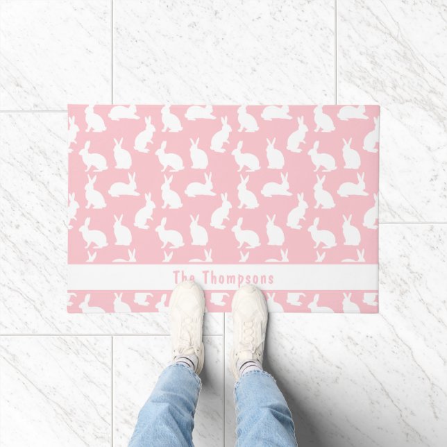 Pink And White Pattern Of Bunnies With A Name Deurmat (Binnen)