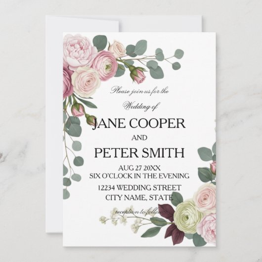 Pink and white roses Budget Wedding Invitation (Devant)