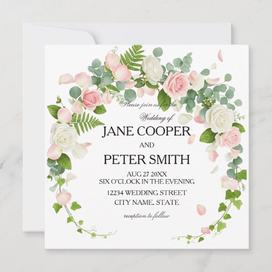 Pink and white roses Budget Wedding Invitation (Devant)