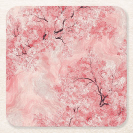 Pink and White Sakura Branches on Navy Blue Custom Vierkante Kartonnen Onderzetter
