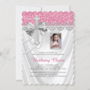 Pink and White Satin Glitter First Communion Kaart