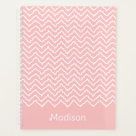 Pink And White Squiggly Chevron Zigzag With Name Planner (Voorkant)
