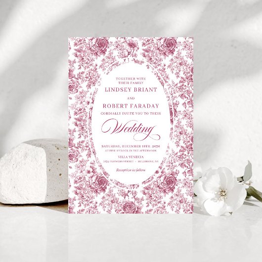 Pink and White Toile Roses Wedding Invitation