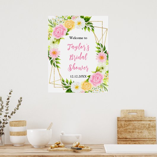 Pink and Yellow Floral Bridal Shower Welcome Sign Poster (Keuken)