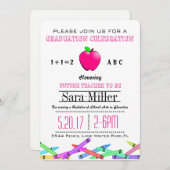 Pink Apple Teacher Afstuderen Invitation Kaart (Voorkant / Achterkant)