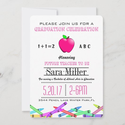 Pink Apple Teacher Afstuderen Invitation Kaart (Voorkant)