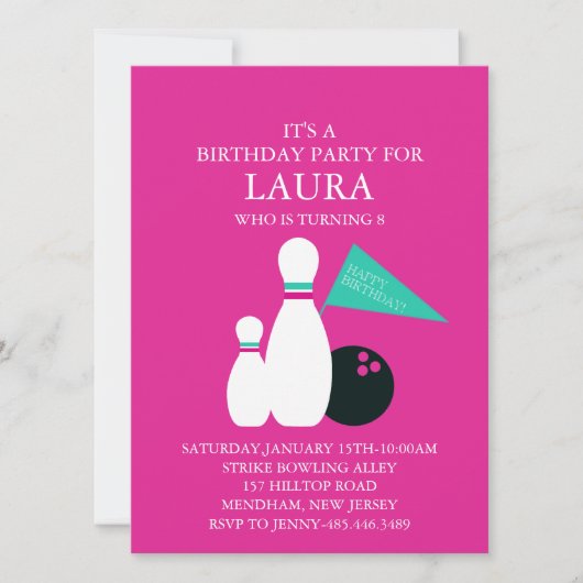 Pink & Aqua Bowling Party Anniversaire Invitation (Devant)