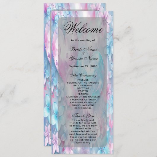 Pink Aqua Coeurs et Fleurs Programme de mariage (Devant / Derrière)