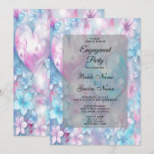 Pink Aqua Hearts and Flowers Verloving Invitation Kaart (Voorkant / Achterkant)