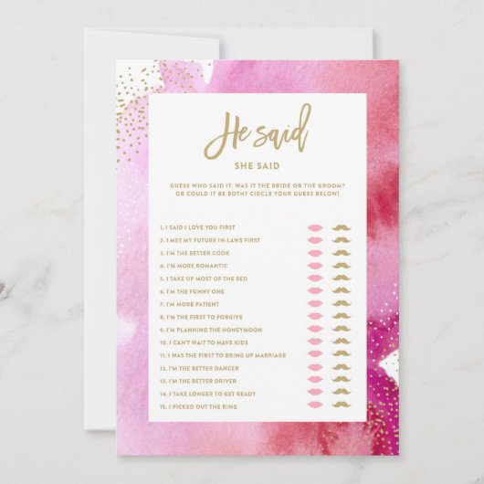 Pink Aquarelle Mariée Il A Dit Qu'Elle A Dit Carte (Devant)