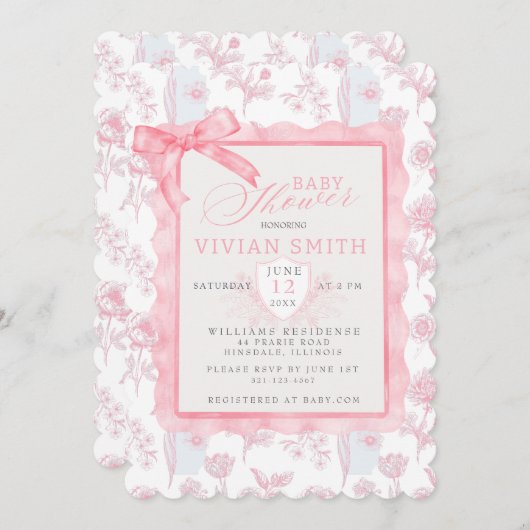 Pink avec bow Chinoiserie Baby shower invitation (Devant / Derrière)
