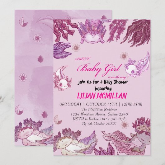 PINK AXOLOTL Baby shower Invitation fille (Devant / Derrière)