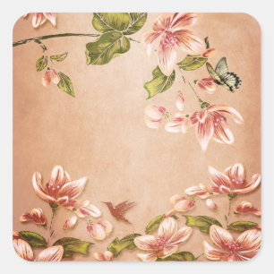 Pink Azaleas Floral op Whiskey Vierkante Sticker