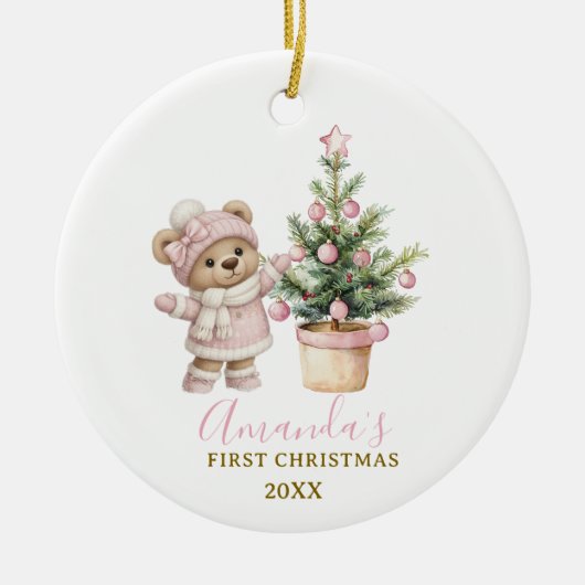 Pink Baby Bear First Christmas Keepsake Keramisch Ornament (Voorkant)