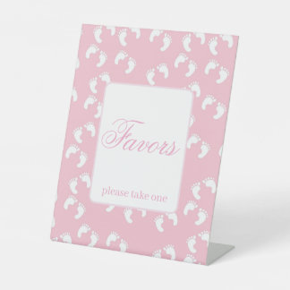 Pink Baby Footprints Baby Shower Favors Reclamebord Met Voetstuk