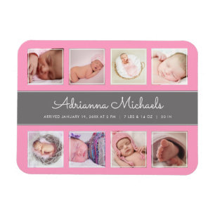 Pink Baby Girl Newborn Photo Collage Announcement Magneet