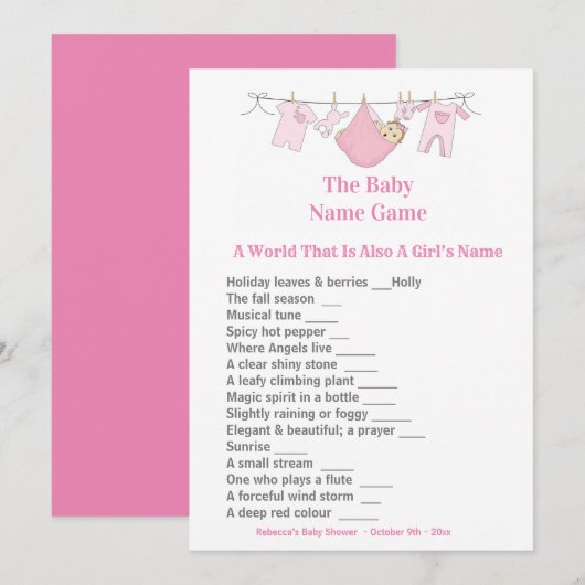 Pink Baby shower Guessing Game Invitation Kaart (Voorkant / Achterkant)