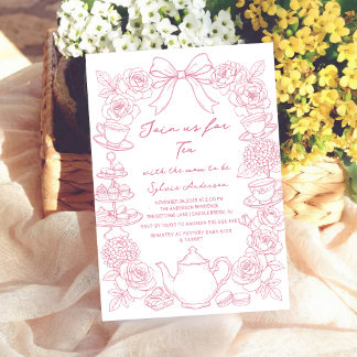 pink baby shower tea bow Hand Drawn coquette Kaart