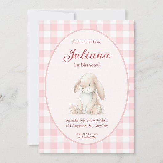 Pink Babys First Birthday Bunny Invitation (Devant)