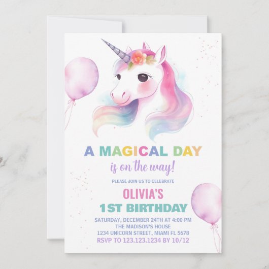 Pink Ballons Unicorn Invitations Anniversaire (Devant)