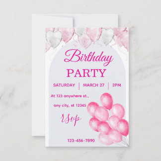 Pink Balloon Birthday Party Invitation Watercolor Kaart
