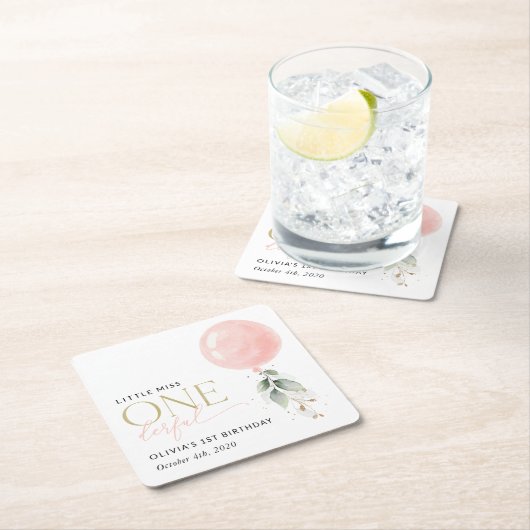 Pink Balloon, Eucalyptus, Greenery, First Birthday Vierkante Kartonnen Onderzetter (Insitu)