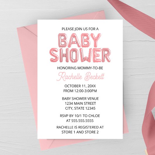 Pink Balloon Letter Baby Shower Invitation