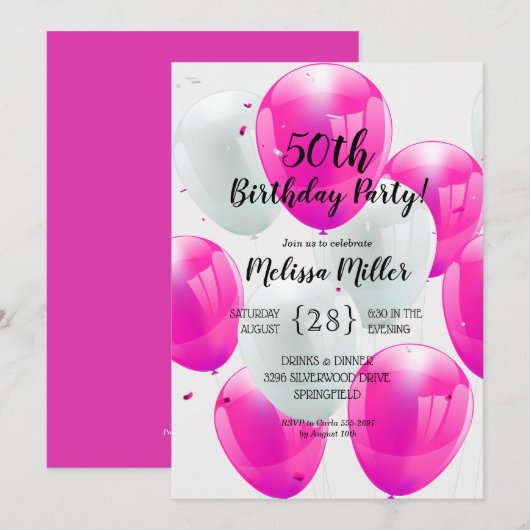 Pink Balloons Birthday Party Kaart (Voorkant / Achterkant)