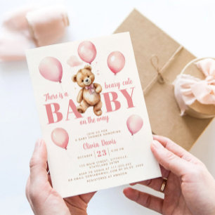 Pink Balloons Teddy Bear Girl Modern Baby Shower Kaart