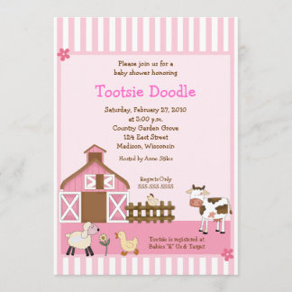 Pink Barn Animal Boerderij yard Baby shower Invite Kaart