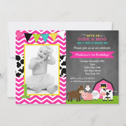 Pink Barnyard Farm Invitations d'anniversaire (Devant)