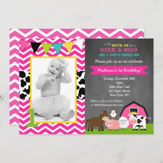 Pink Barnyard Farm Invitations d'anniversaire (Devant / Derrière)