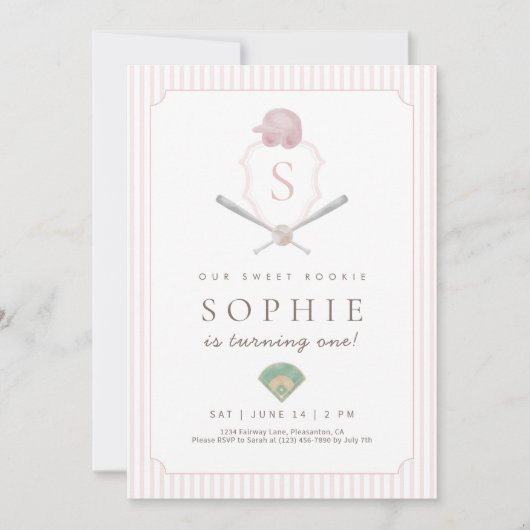 Pink Baseball Preppy Crest Premier invitation (Devant)