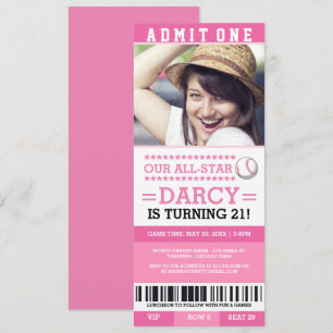 Pink Baseball Ticket Verjaardag Uitnodigingen