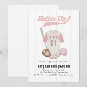 Pink Batter Up Baseball eerste verjaardag uitnodig Kaart