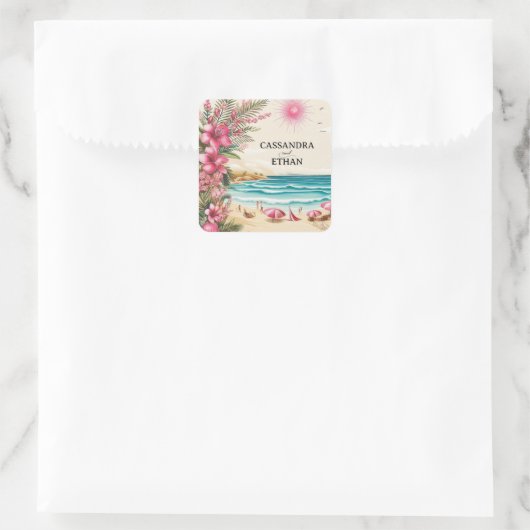 Pink Beach Wedding Vierkante Sticker (Tas)