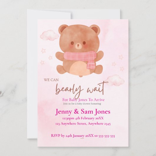 Pink Bear Baby Shower Invitation | Cute & Customis (Devant)
