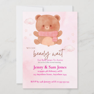 Pink Bear Baby Shower Invitation | Cute & Customis Kaart