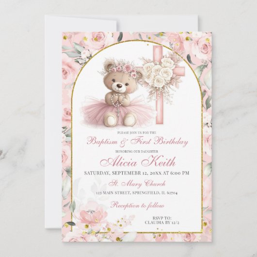 Pink Bear Baptism & First Birthday Invitation (Devant)