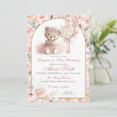 Pink Bear Baptism & First Birthday Invitation (Debout devant)