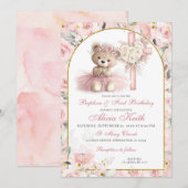 Pink Bear Baptism & First Birthday Invitation (Devant / Derrière)