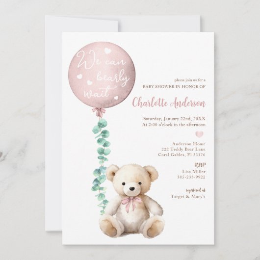 Pink Bearly Wait Eucalyptus Baby shower Uitnodigen Kaart (Voorkant)