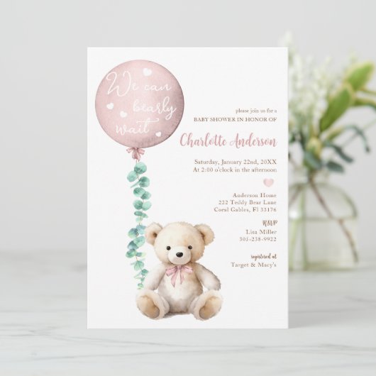 Pink Bearly Wait Eucalyptus Baby shower Uitnodigen Kaart (Staand voorkant)