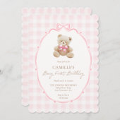 Pink Beary First Birthday Invitation Kaart (Voorkant / Achterkant)
