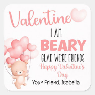 Pink Beary Glad We zijn vrienden Valentijnsdag Vierkante Sticker
