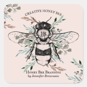 Pink Bee Appiary Bloem Honing Marketing Vierkante Sticker